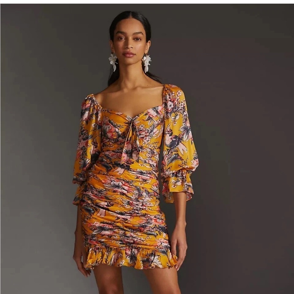 ANTHROPOLOGIE RANNA GILL Womens Ruched Yellow Floral Mini Cocktail Date Dress XL